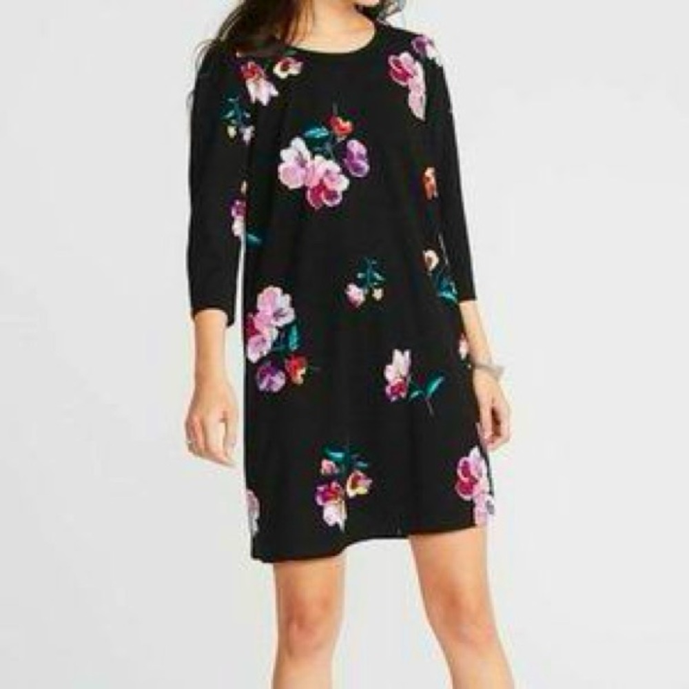 Old Navy Black Floral Long Sleeve Dress A-Line Flowers Chic Women’s Size XL